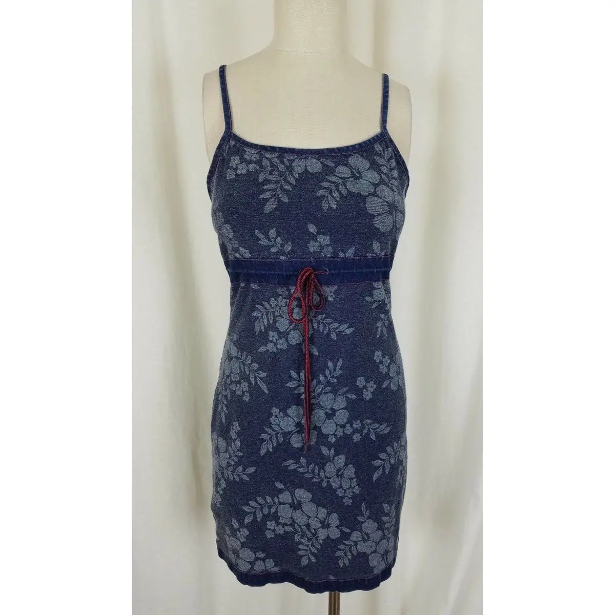 Floral Flowers Denim Blue Jean Wiggle Bodycon Summer Sundress Dress Womens Sz S 1