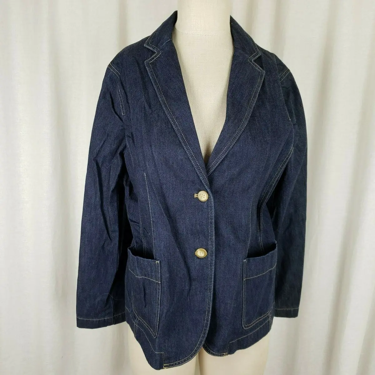Lands End Dark Blue Jean Denim Blazer Style Jacket Womens L Vneck Apron Pockets 1