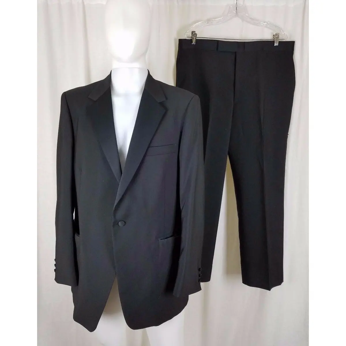 Vintage After Six Black Wool Flat Front 2 Piece Tuxedo Suit Tux Satin Mens 43R 1