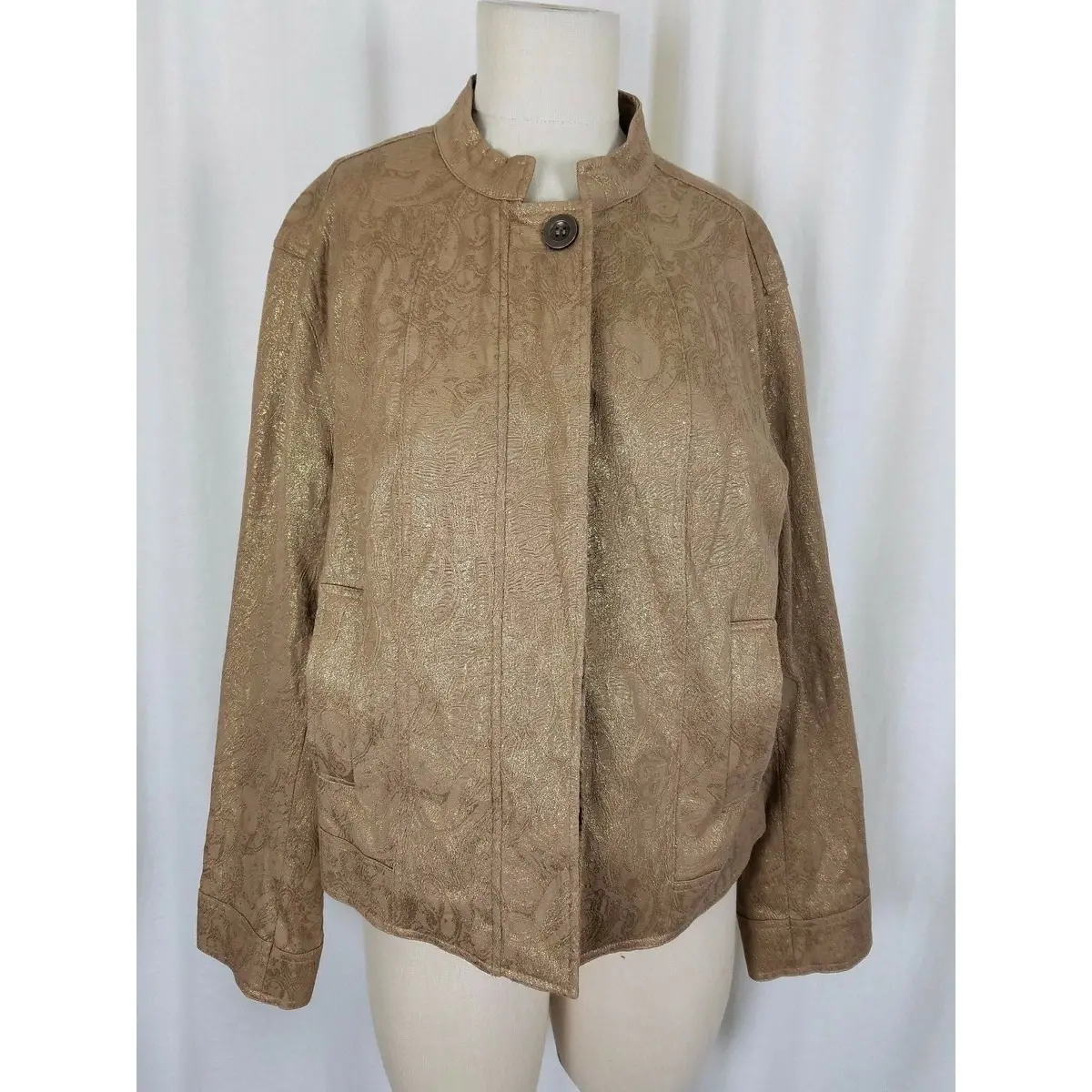 Chicos Embossed Gold Metallic Tapestry Moto Mandarin Bomber Jacket Womens 2 L 1