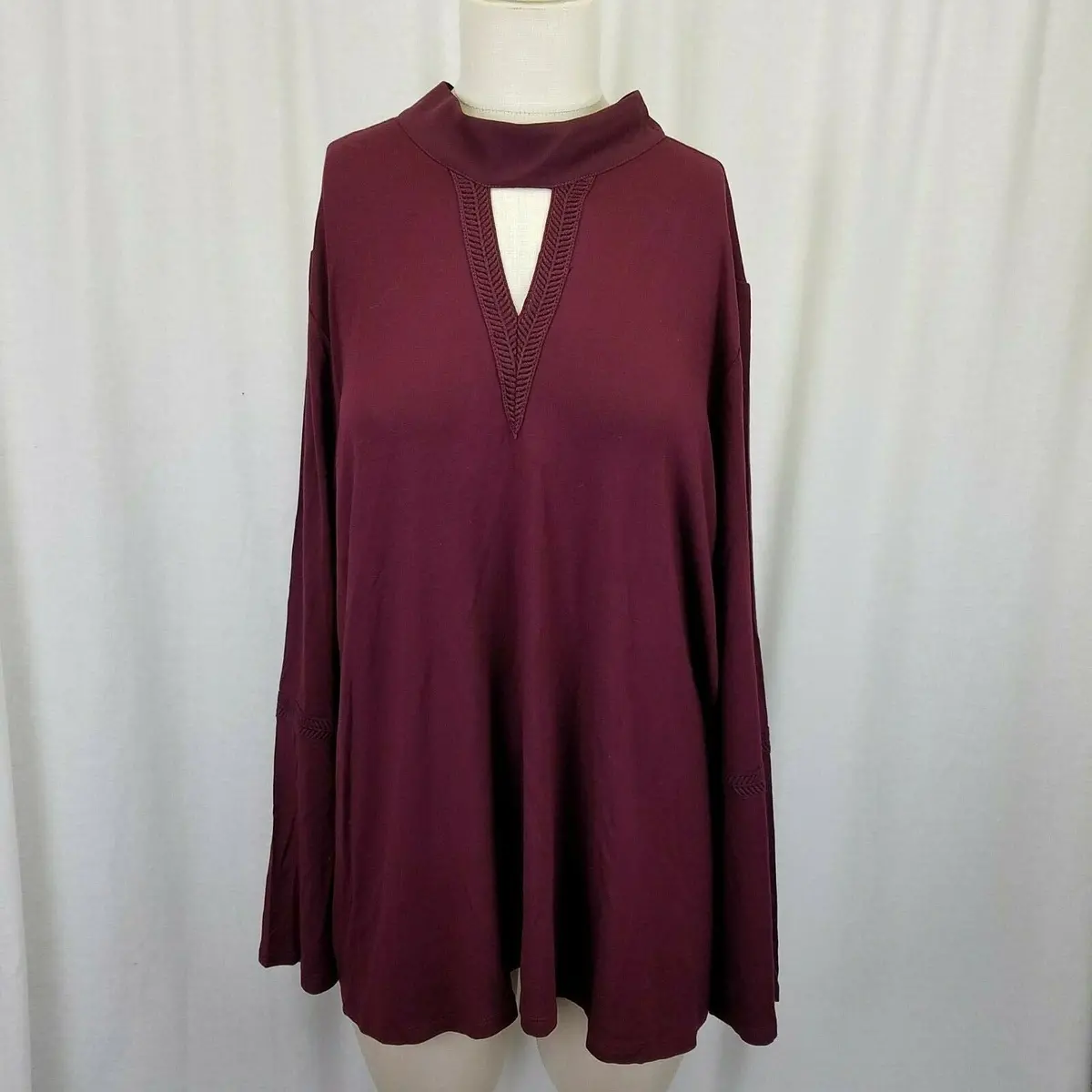 Lysse Plus Ainsley Crochet Trim Choker Top Shirt Tunic Blouse Womens 2X Currant 1