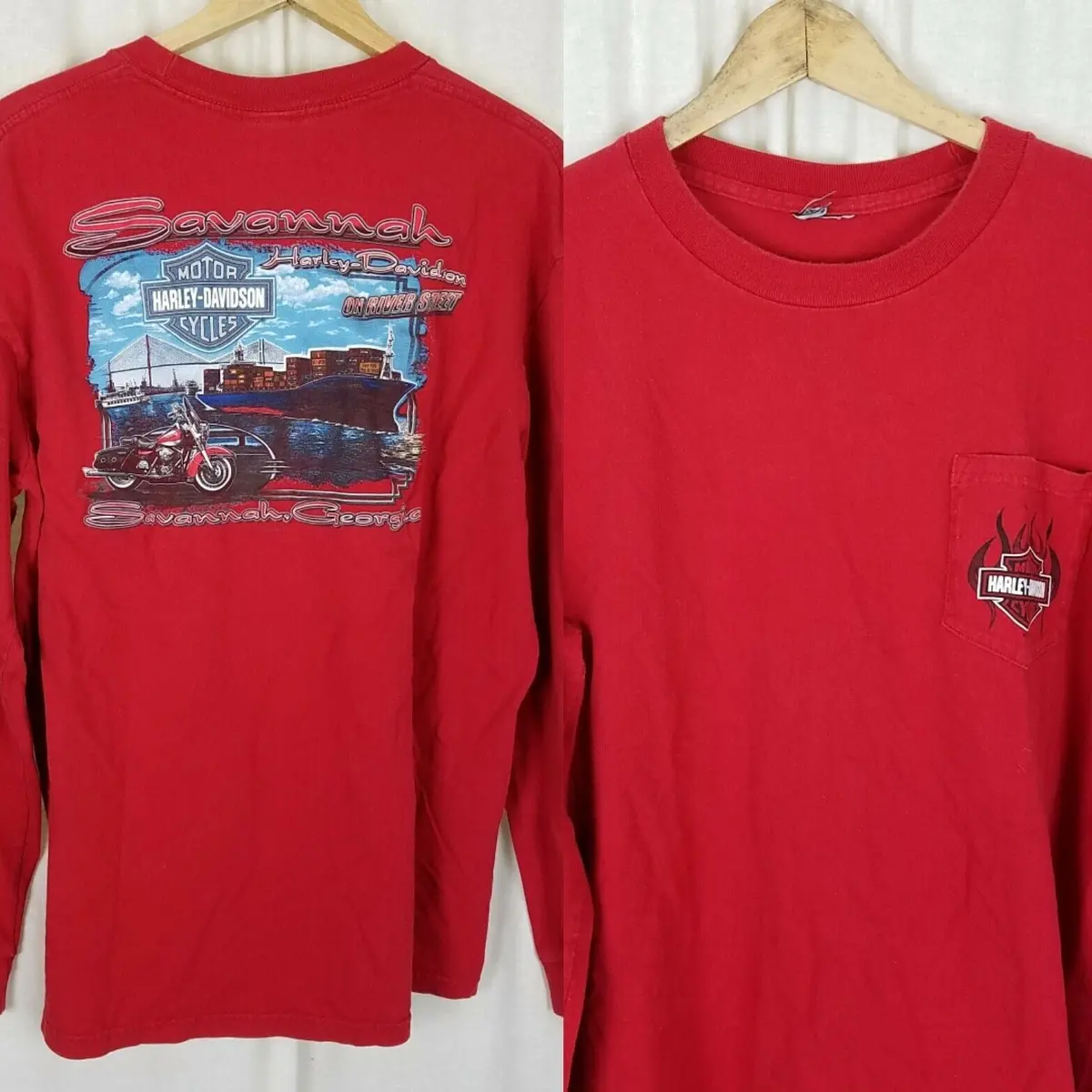 Harley Davidson Savannah Ga On River St Long Sleeve Tee T-Shirt Mens Xl Red 2010 1