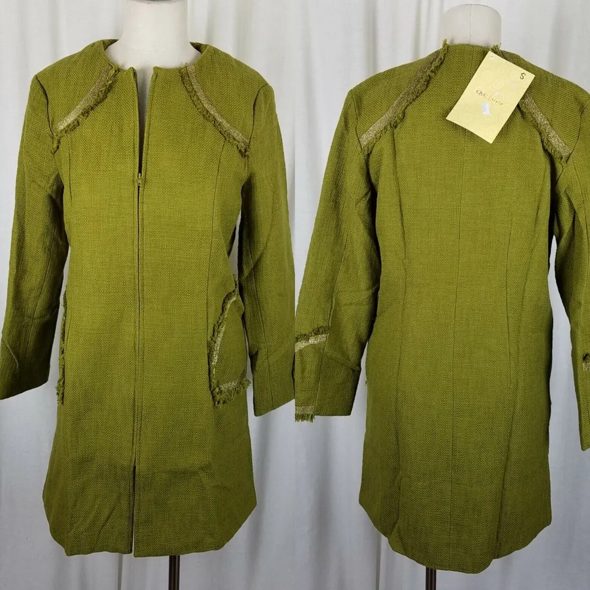 Paula Hian Luxe Raw Edge Metallic Trim Woven Long Blazer Jacket Coat Womens S 1