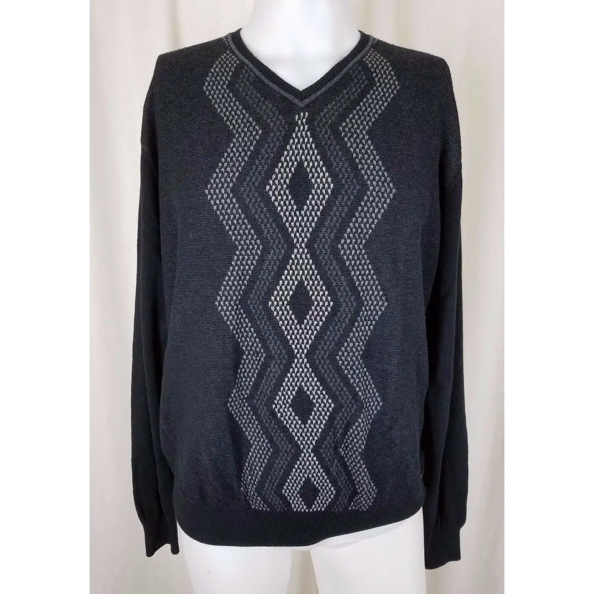 Perry Ellis Vneck Argyle Chevron Pullover Sweater Mens M Lightweight Black Gray 1
