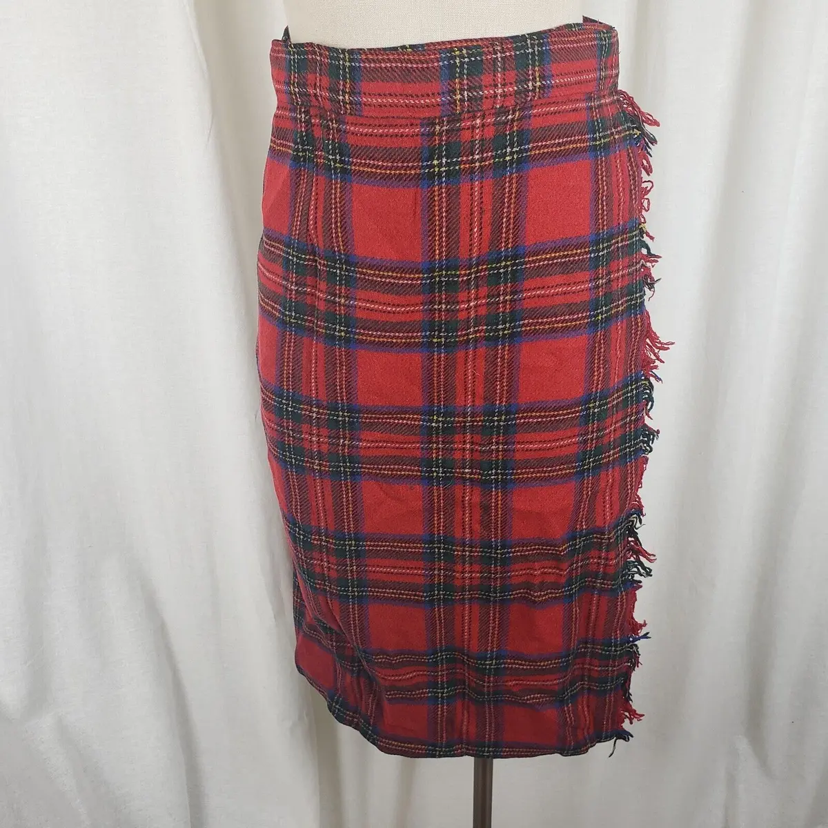Vintage Wool Tartan Scotch Plaid Fringe Wrap Kilt Skirt Womens S Vintage Midi 1