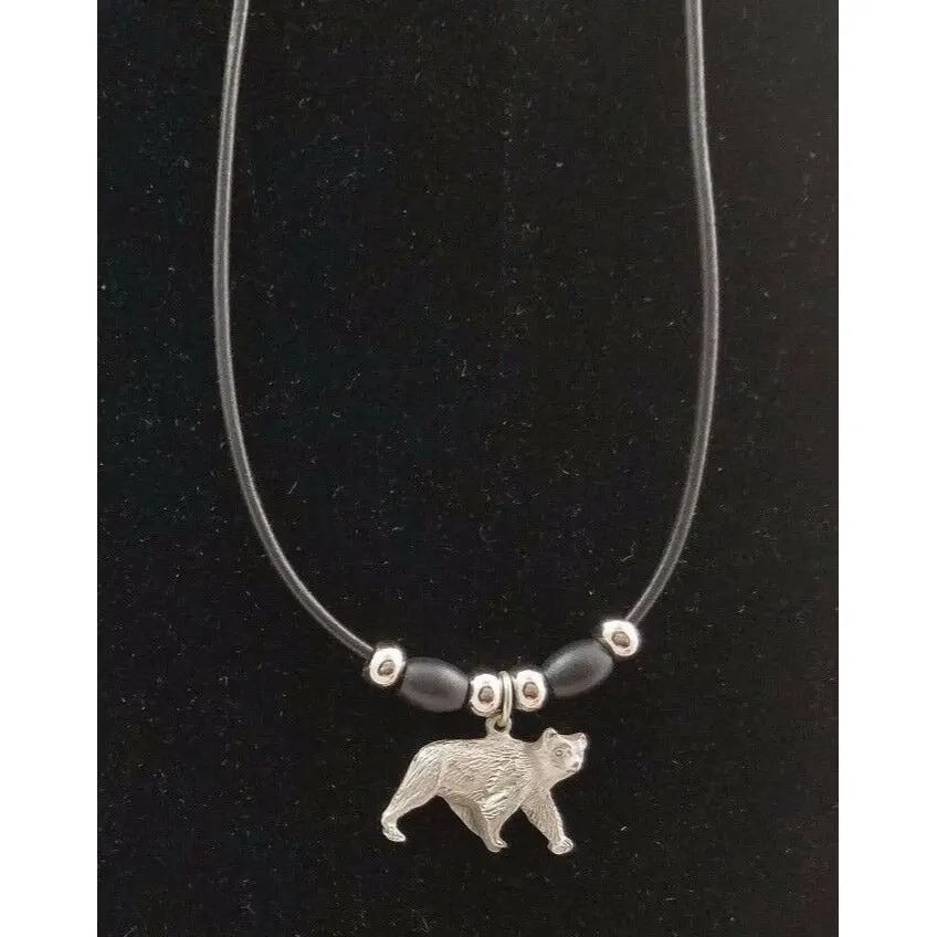 Brown Grizzly Black Bear Pewter Silver Black Rope Bead Necklace Pendant Charm 1