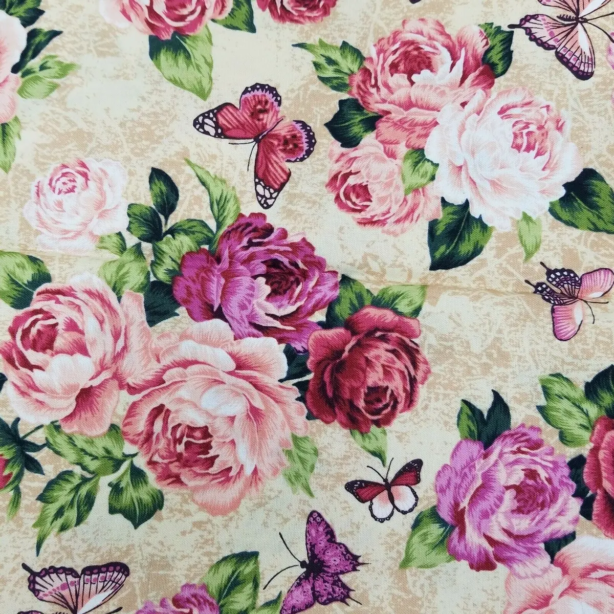 Antique Roses Floral Butterfly Fabric Hobby Lobby Screenprinted Cotton 2 Yards 1