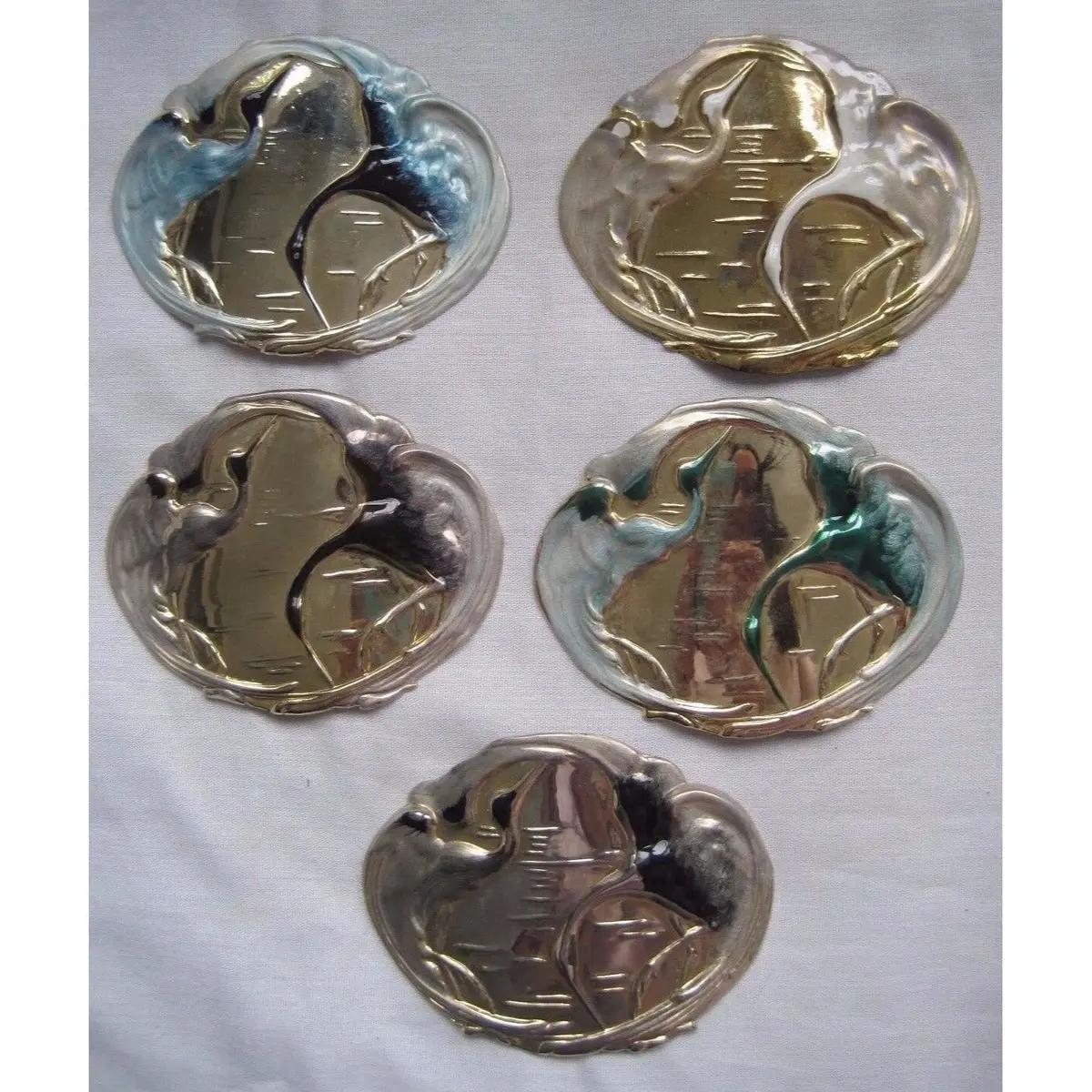 Vintage Lot 5 Charmant Beverly Hills Gold Belt Buckles Ocean Egret Crane Birds 1