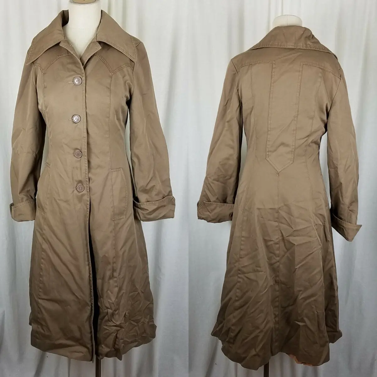 Vintage Plaid Insulated Blanket Lined Rain Trench Coat Womens Xs S Tan Khaki 70S 1
