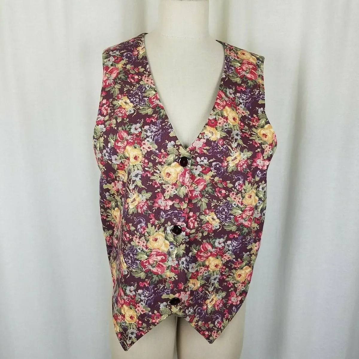 Vintage Handmade Floral Denim Pointed Button Down Vest Waistcoat Womens M 1