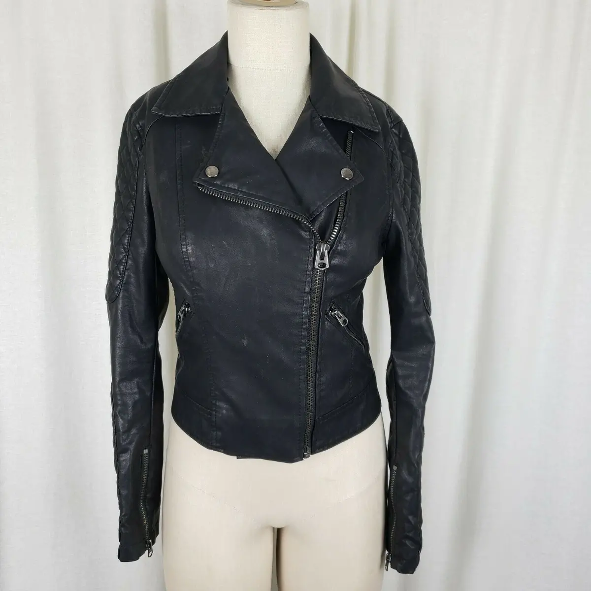 Topshop Vegan Faux Black Leather Cropped Moto Jacket Wide Collar Womens 4 Padded 1