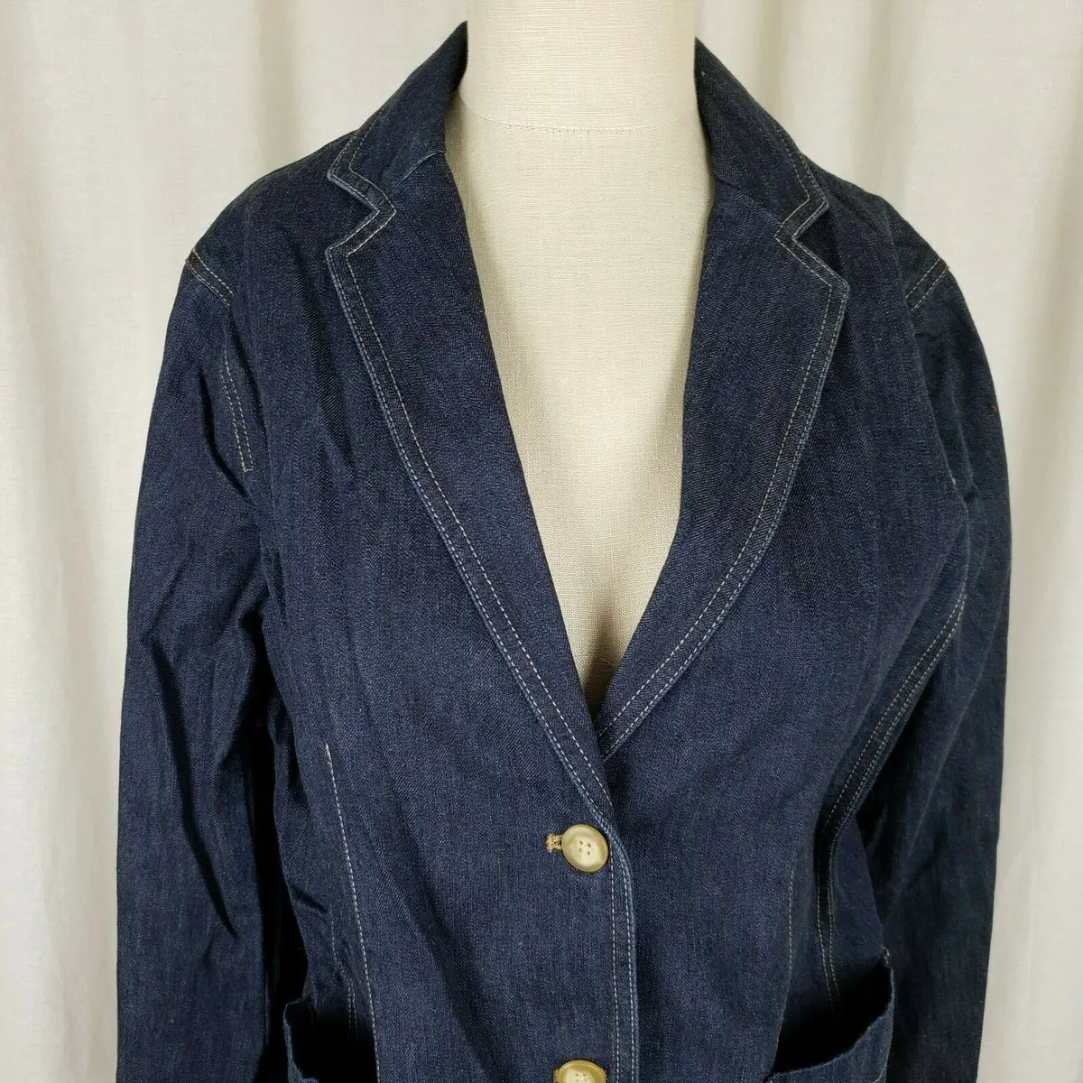Lands End Dark Blue Jean Denim Blazer Style Jacket Womens L Vneck Apron Pockets 2