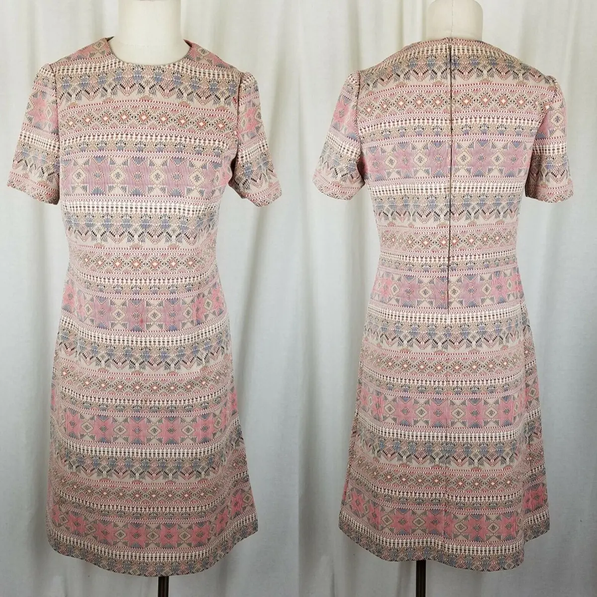 Vintage Mid Century Mod Polyester Sheath Dress Jersey Knit Womens S M Aztec Pink 1