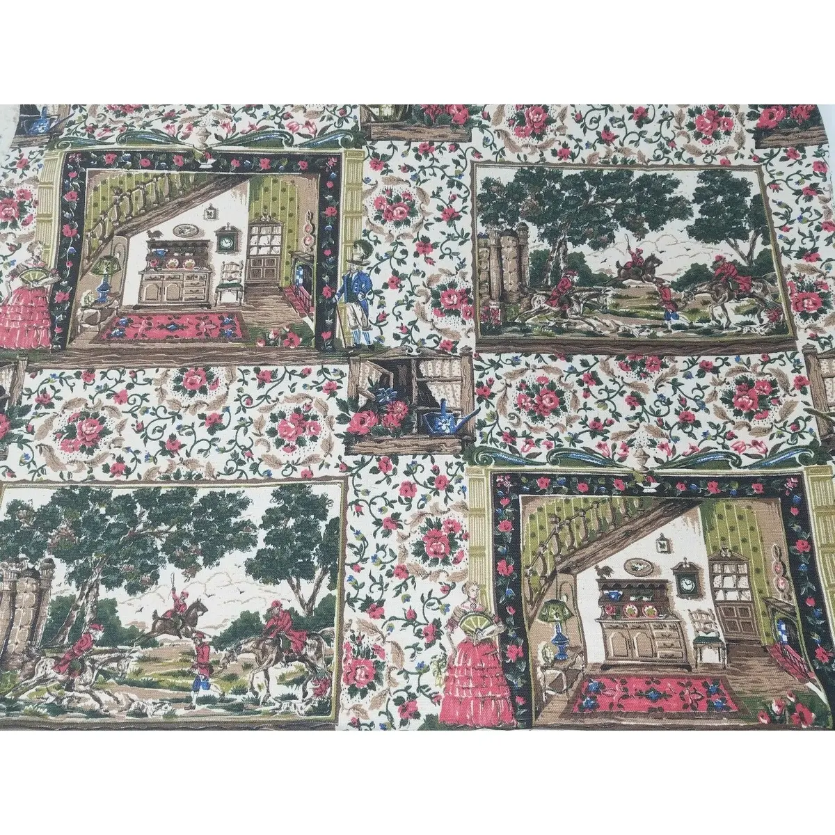 Vintage 70S European Colonial Fox Hunt Pictorial Home Scene Cotton Fabric 4+ Yds 1