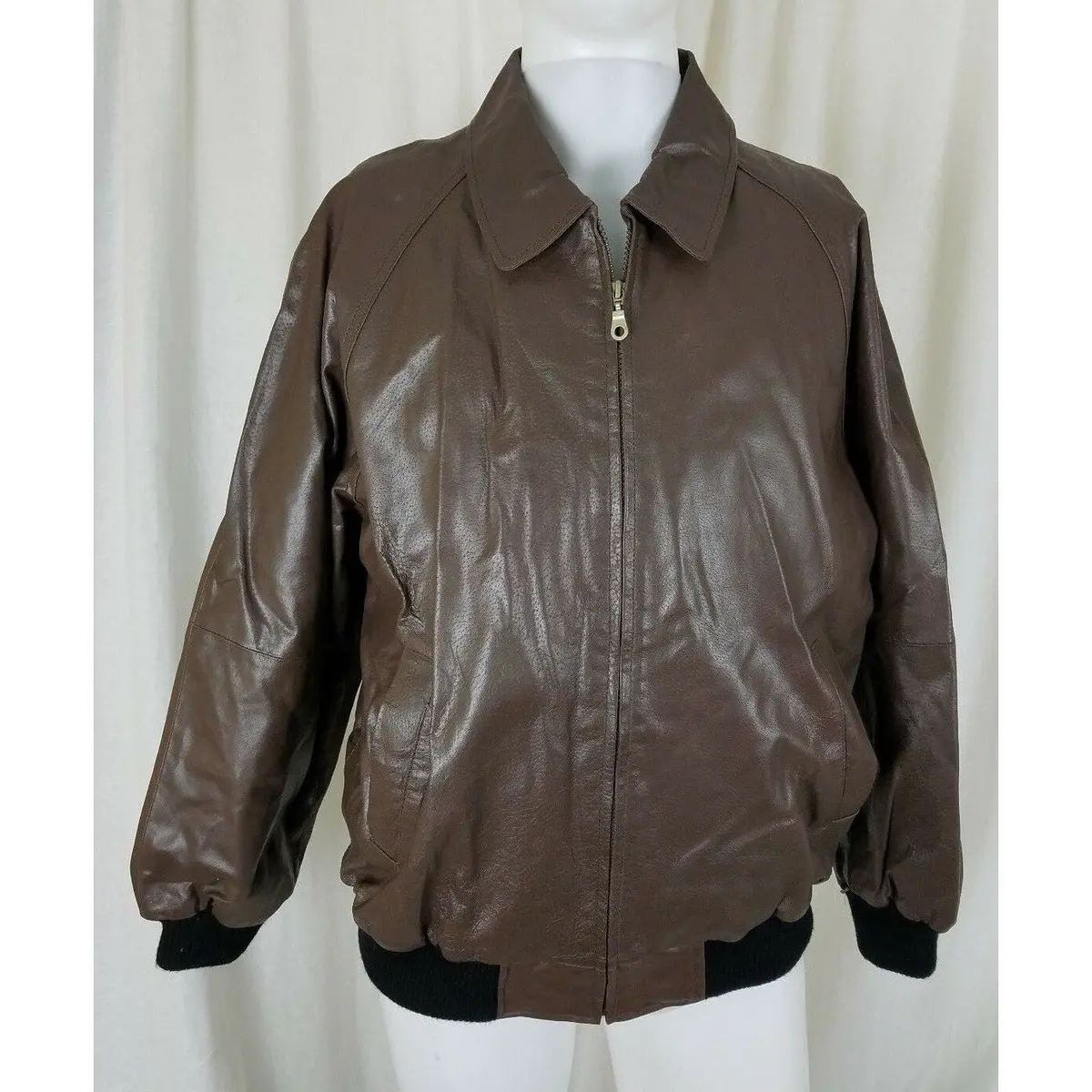 Scandia Woods Brown Leather Jacket Black Fleece Lined Flight Bomber Mens L Zip 1