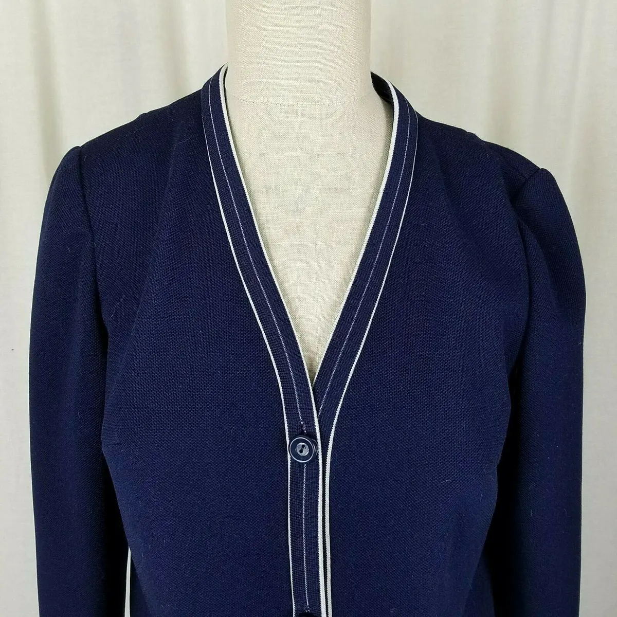 Butte Knit Polyester Blazer Jacket Vintage Mcm Womens M Navy Blue White Piping 2