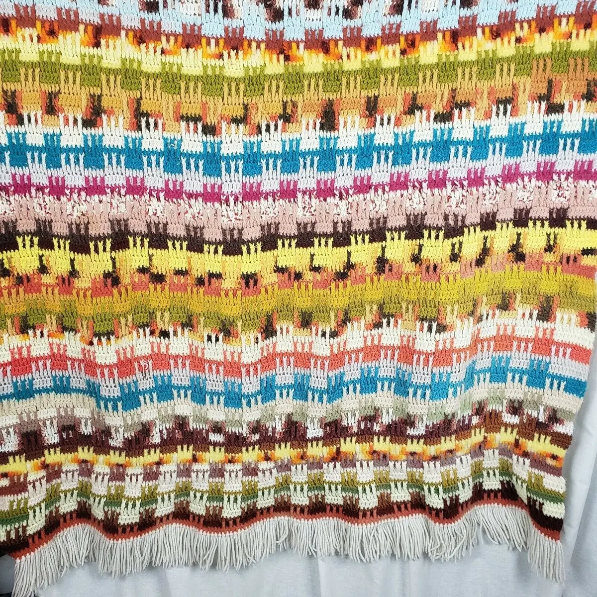 Vintage Crochet Afghan Sonic Crown Striped Print Granny Throw Blanket 55X66 Boho 1