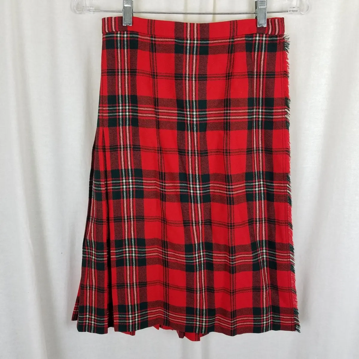 Vtg Celtic Craft Centre Red Tartan Plaid Kilt Skirt Wool Fringe Wrap Womens Xs S 1