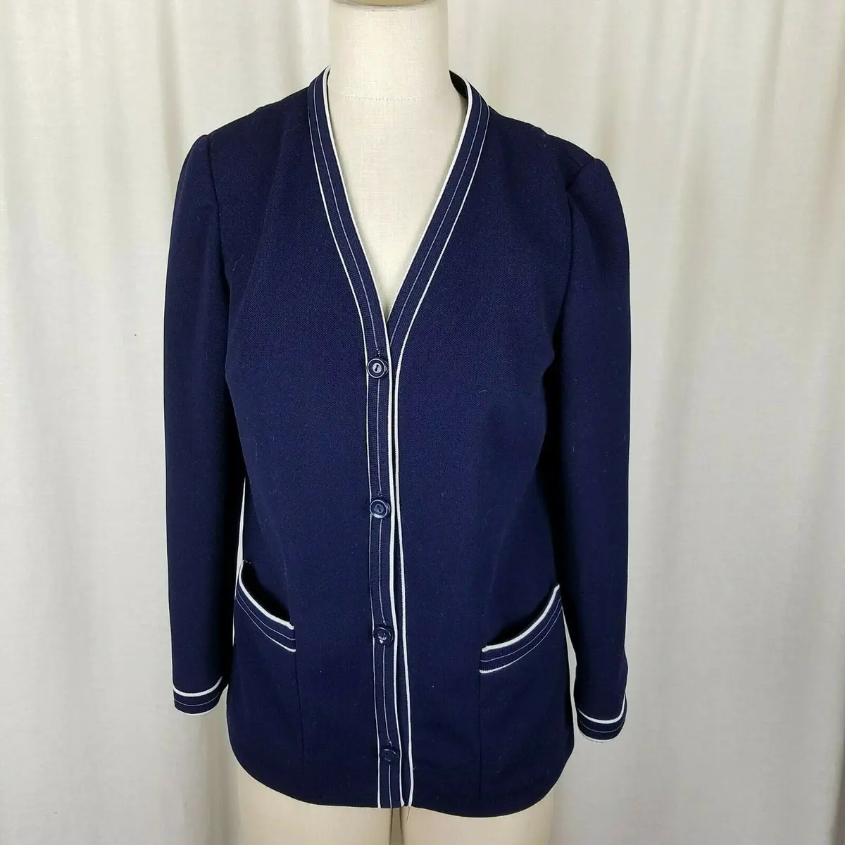 Butte Knit Polyester Blazer Jacket Vintage Mcm Womens M Navy Blue White Piping 1
