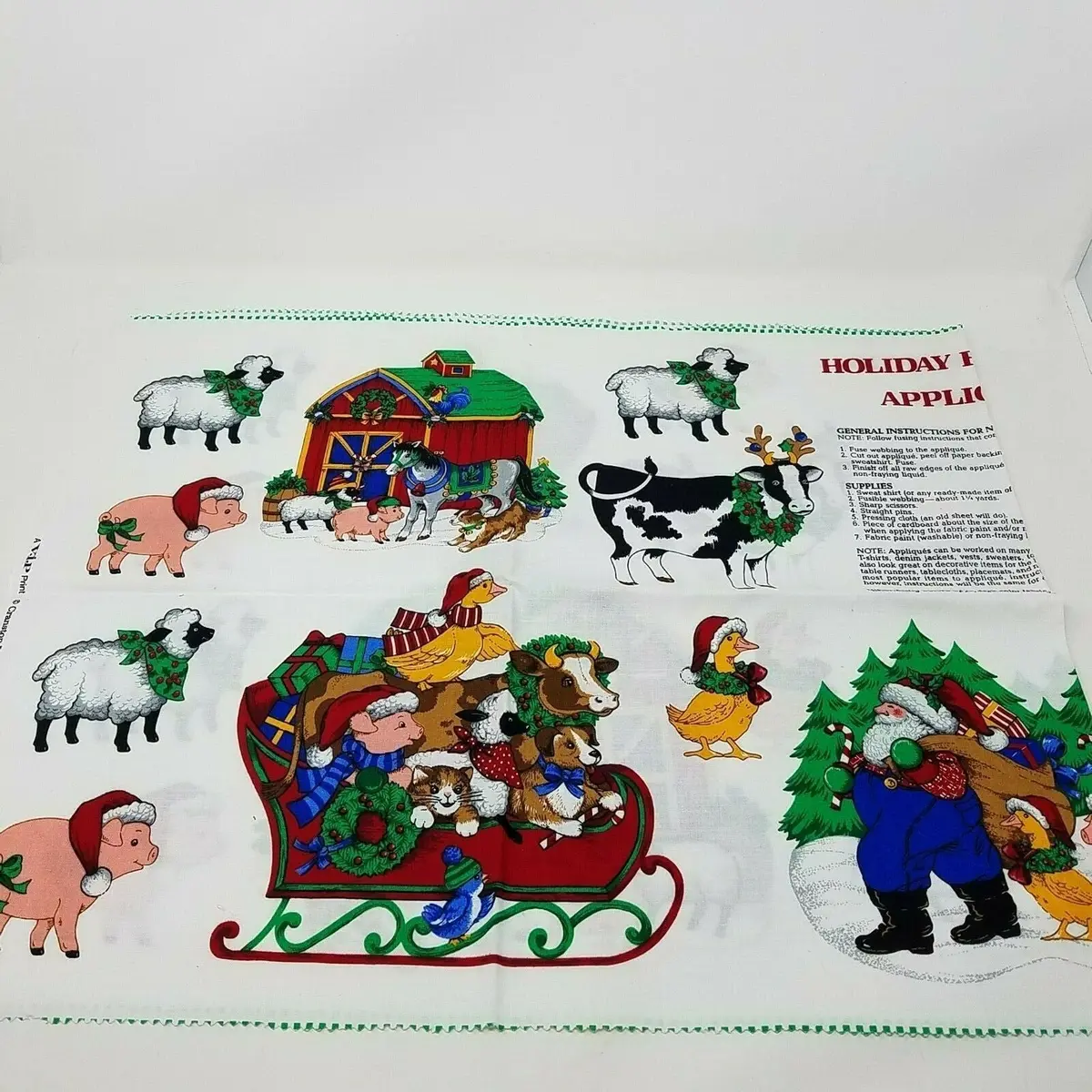 Holiday Friends Print Appliques Fabric Cut & Sew Panel Santa Barn Farm Animals 1