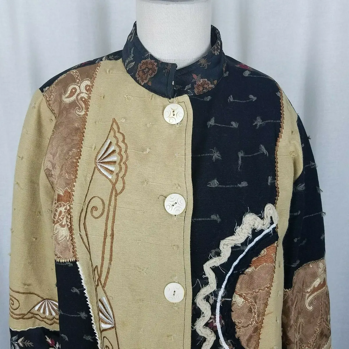 Indigo Moon Artsy Linen Abstract Patchwork Jacket Blazer Womens M Art To Wear 2