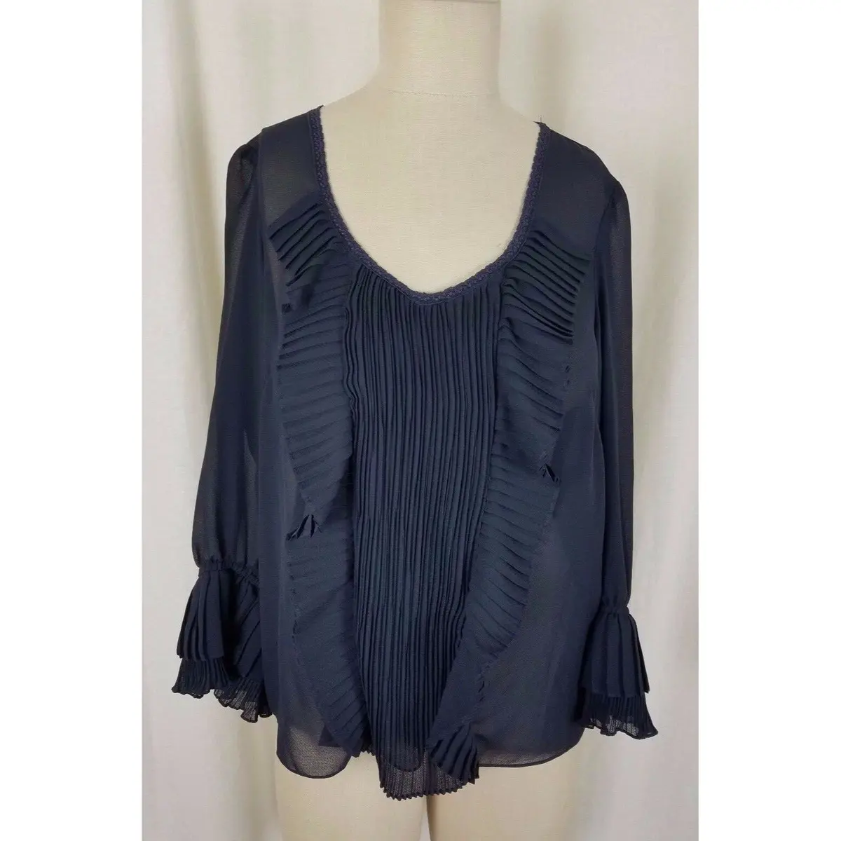 Nanette Lepore Navy Blue Ruffled Pleated Sheer Poet Tunic Blouse Womens 6 Usa 1