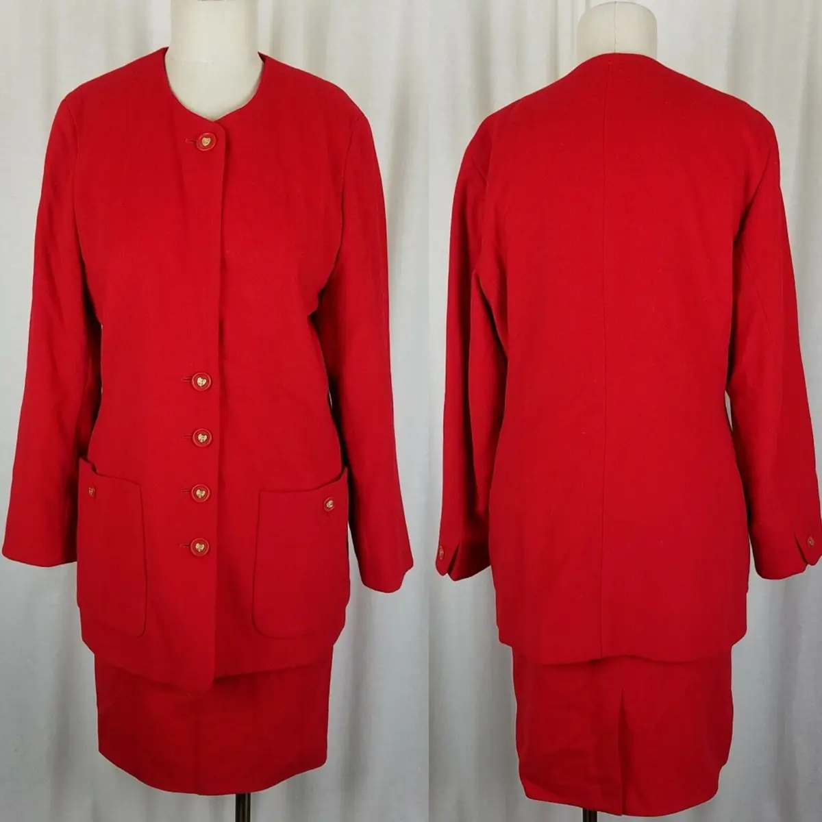 Bogner Red Wool Skirt Suit 2 Piece Outfit Set Long Blazer Jacket Womens 38 8 1