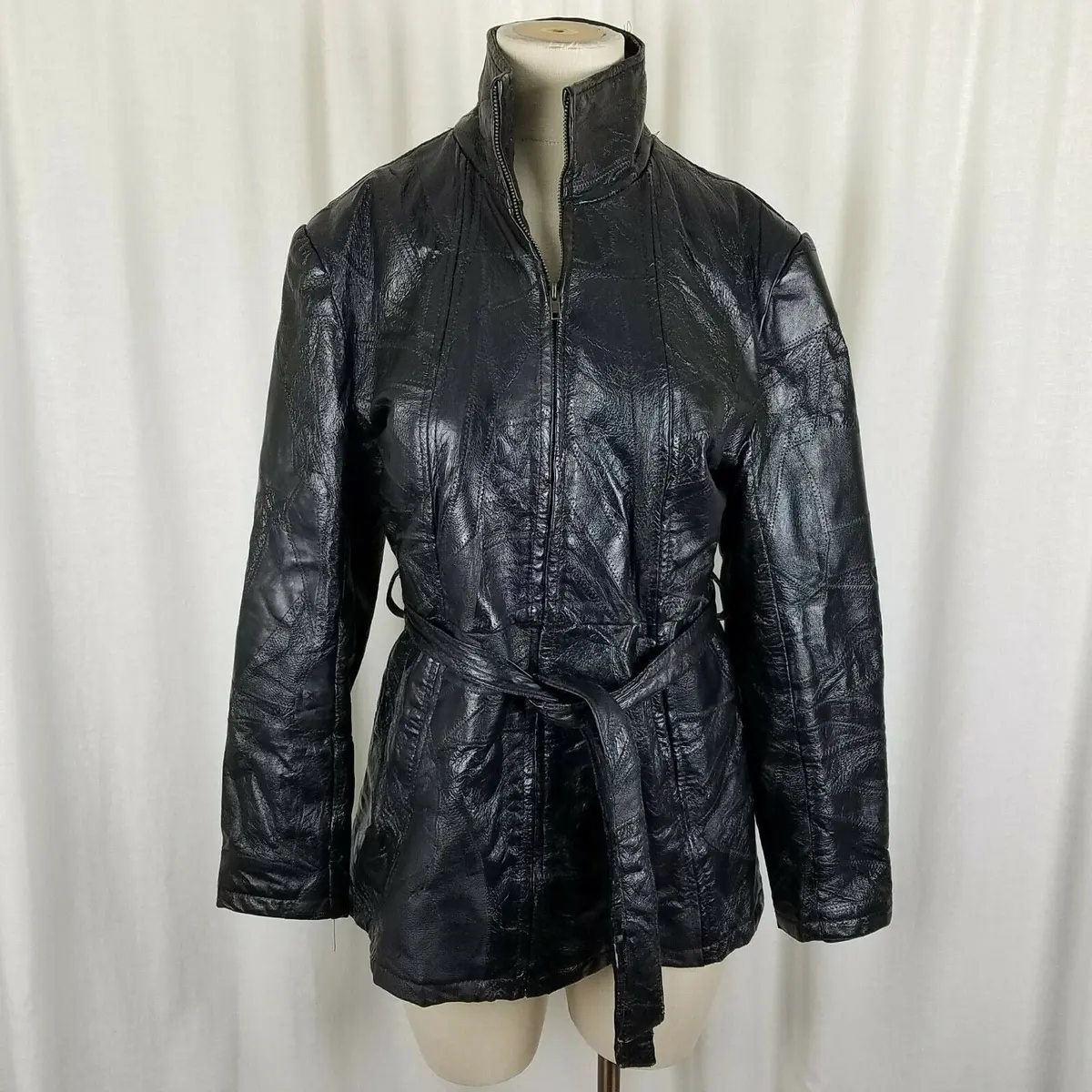 Navarree Leather Black Belted Patchwork Piecework Coat Jacket Womens L High Neck 1