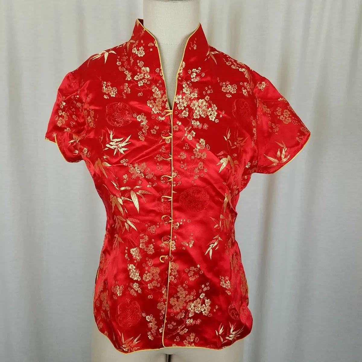 Traditional Asian Chinese Changshan Silk Top Shirt Blouse Womens L Red Floral 1