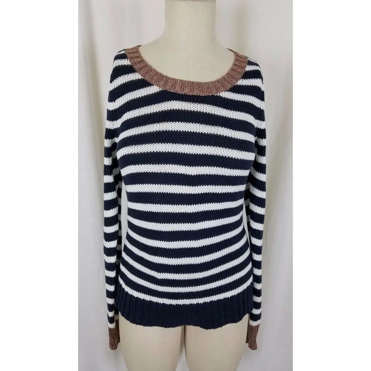 Banana Republic Nautical Striped Navy Blue White Metallic Knit Sweater Womens S 1
