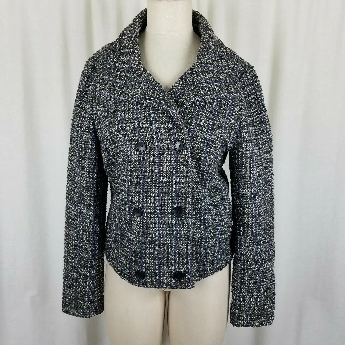Gap Wool Cotton Double Breasted Cropped Mottled Tweed Peacoat Jacket Womens M 1
