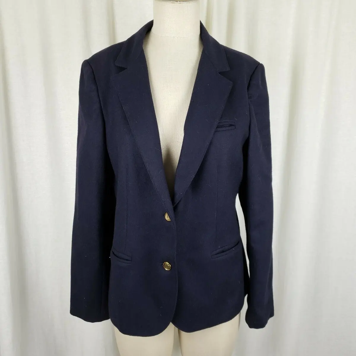 Hannington Boston Wool Blazer Jacket Womens 15 16 Navy Blue Gold Crest Buttons 1