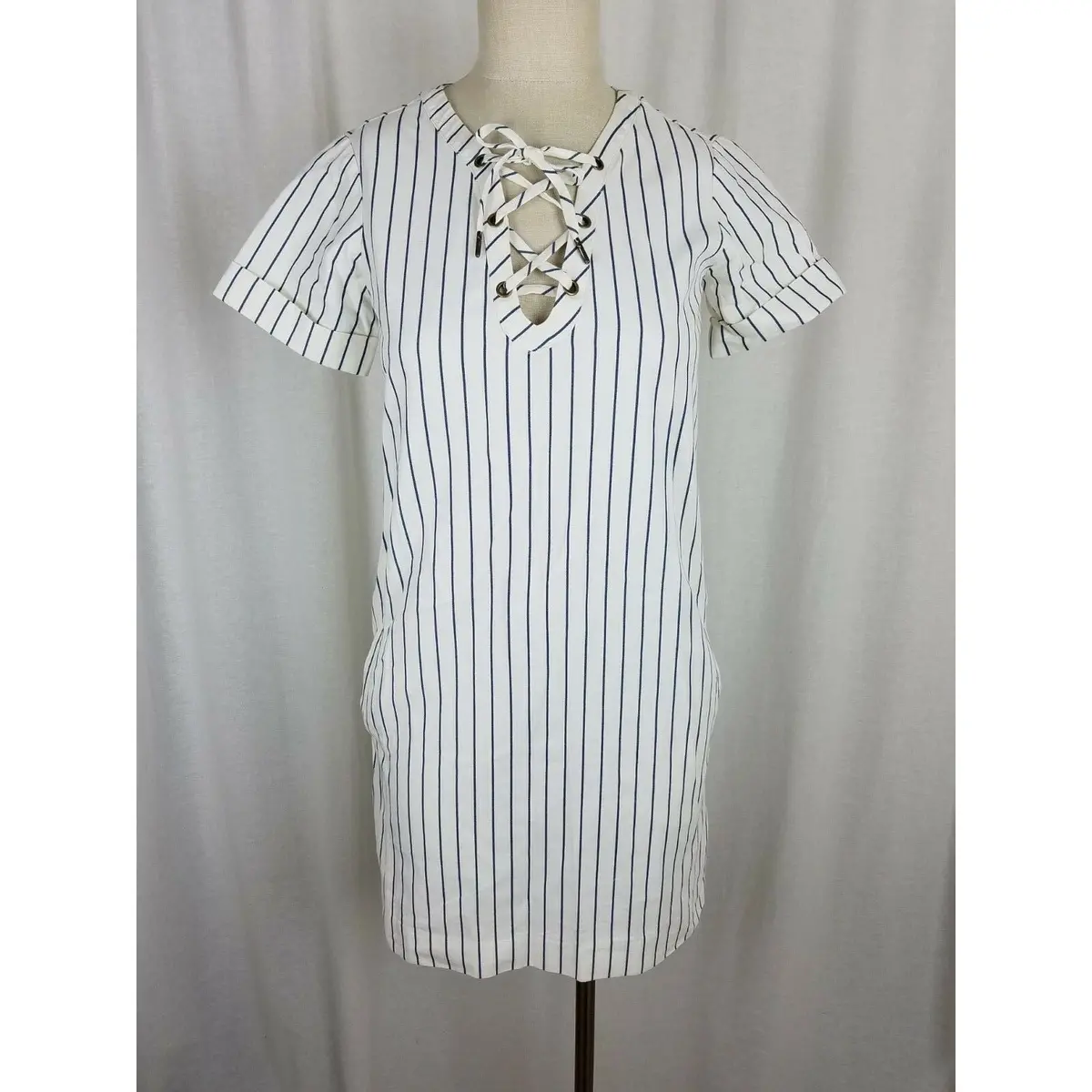 Madewell Harbor Lace Up Shift Dress Ivory Blue Pinstriped Striped Womens 2Xs Xxs 1