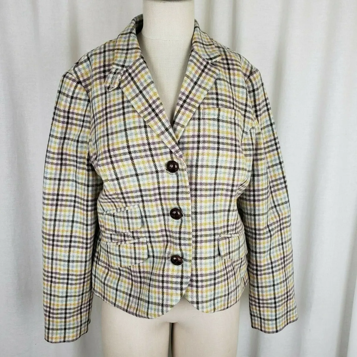 Ll Bean Wool Herringbone Tweed Plaid Riding Country Jacket Blazer Womens 12P 1