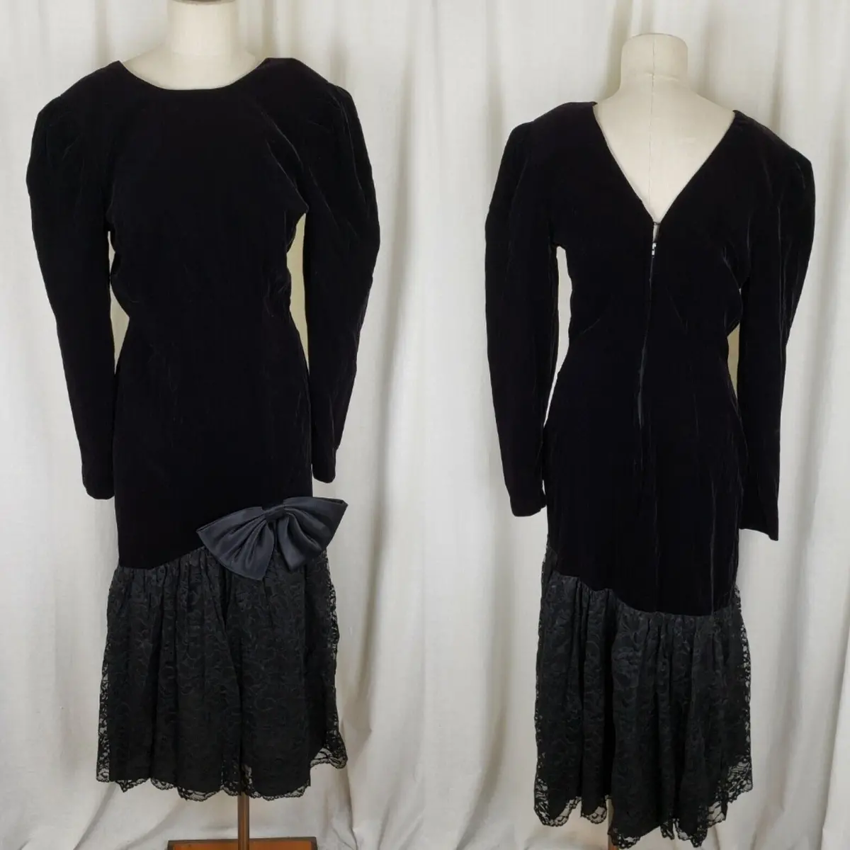 Vintage Samantha Black Velvet Lace Bow Tiered Dress Womens 12 Goth Madonna 80S 1