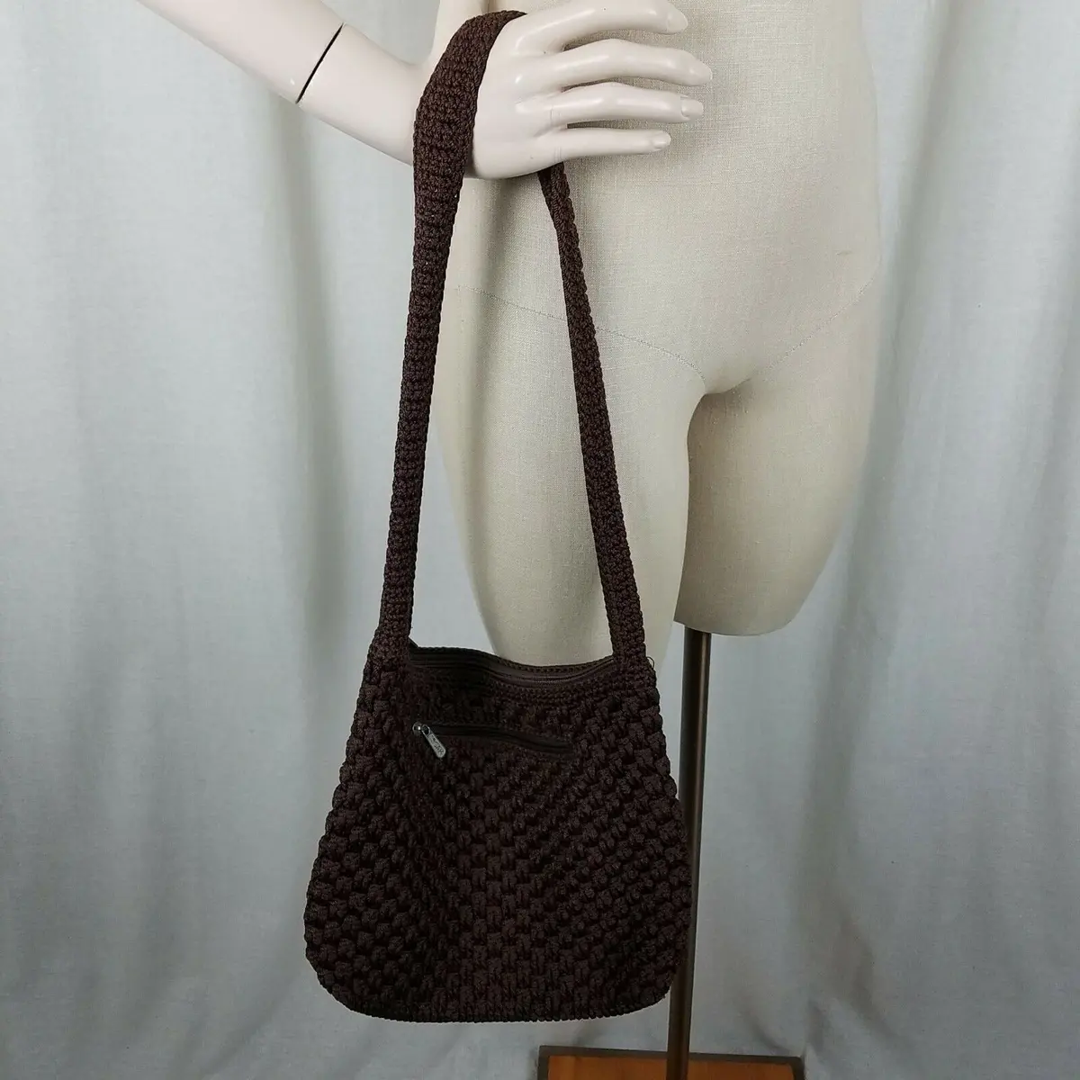 The Original Sak Chocolate Brown Crochet Zip Shoulder Handbag Bag Purse Knit 1