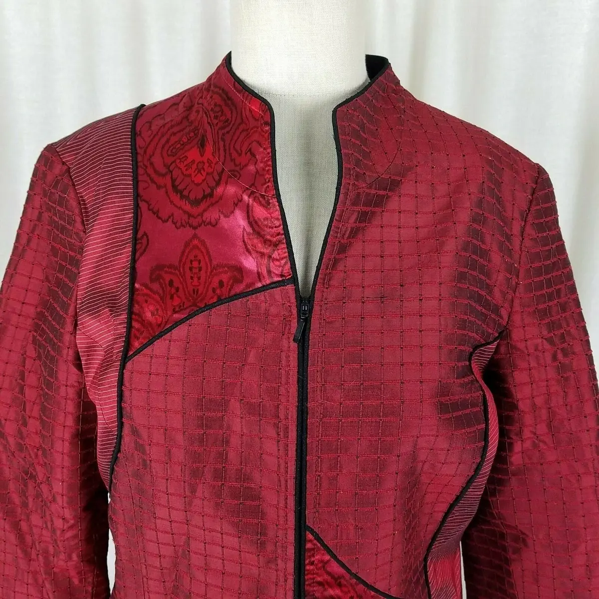 Canvasbacks Metallic Silk Sheen Zip Up Blazer Jacket Womens 8 Textured Patchwork 2