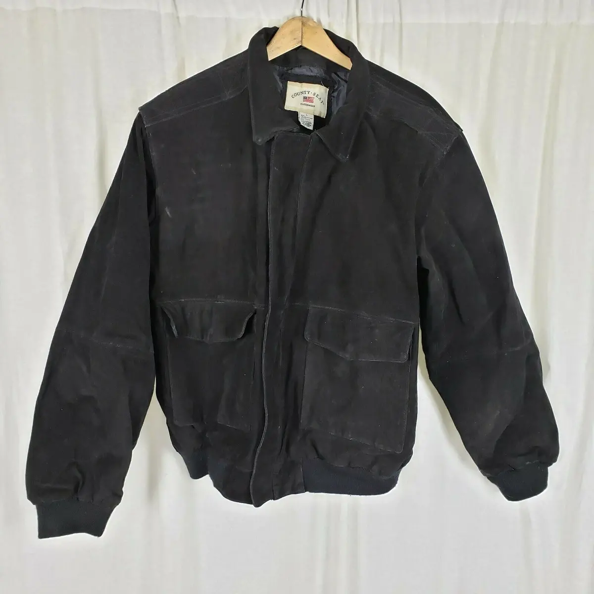 County Seat Black Leather Jacket Aviator Flight Bomber Mens L Full Zip 1