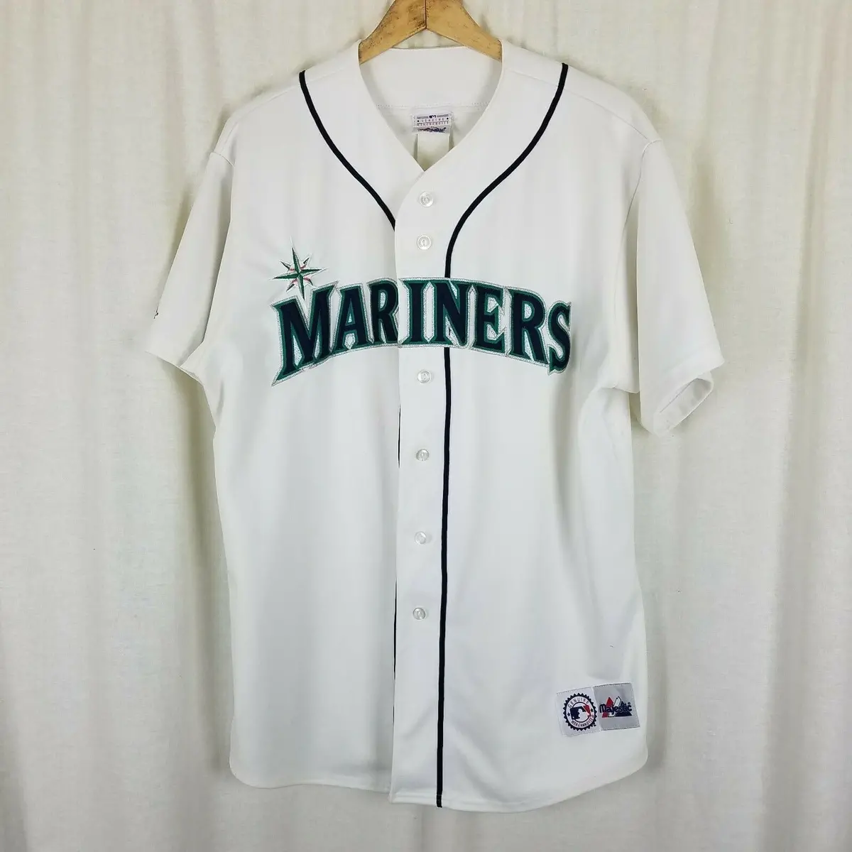 Majestic Vintage Mariners Jersey Men's Xl Embroidered White Button Down Korea 1