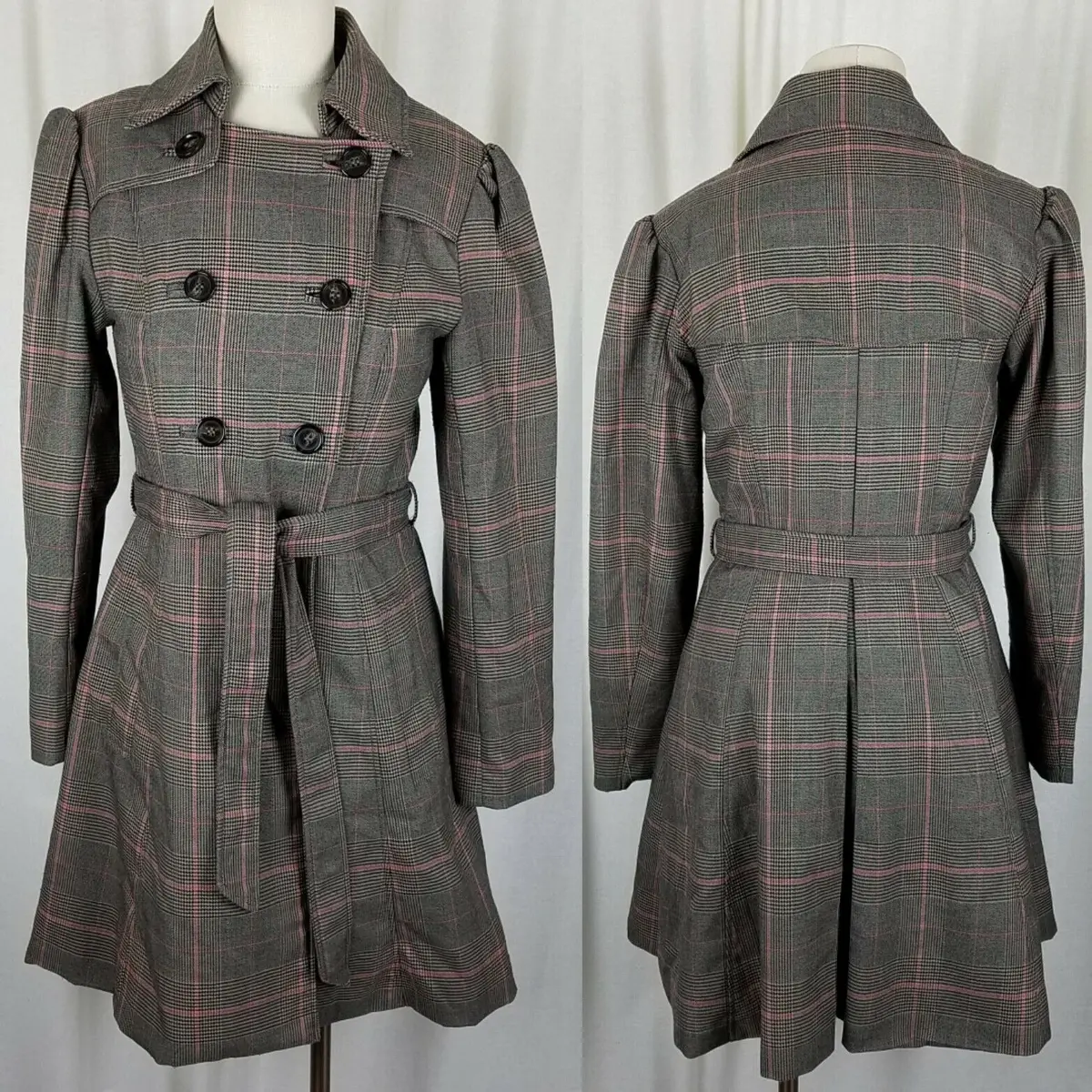 H&M Plaid Flirty Fit & Flare Double Breasted Belted Tie Sash Coat Womens 6 Pink 1