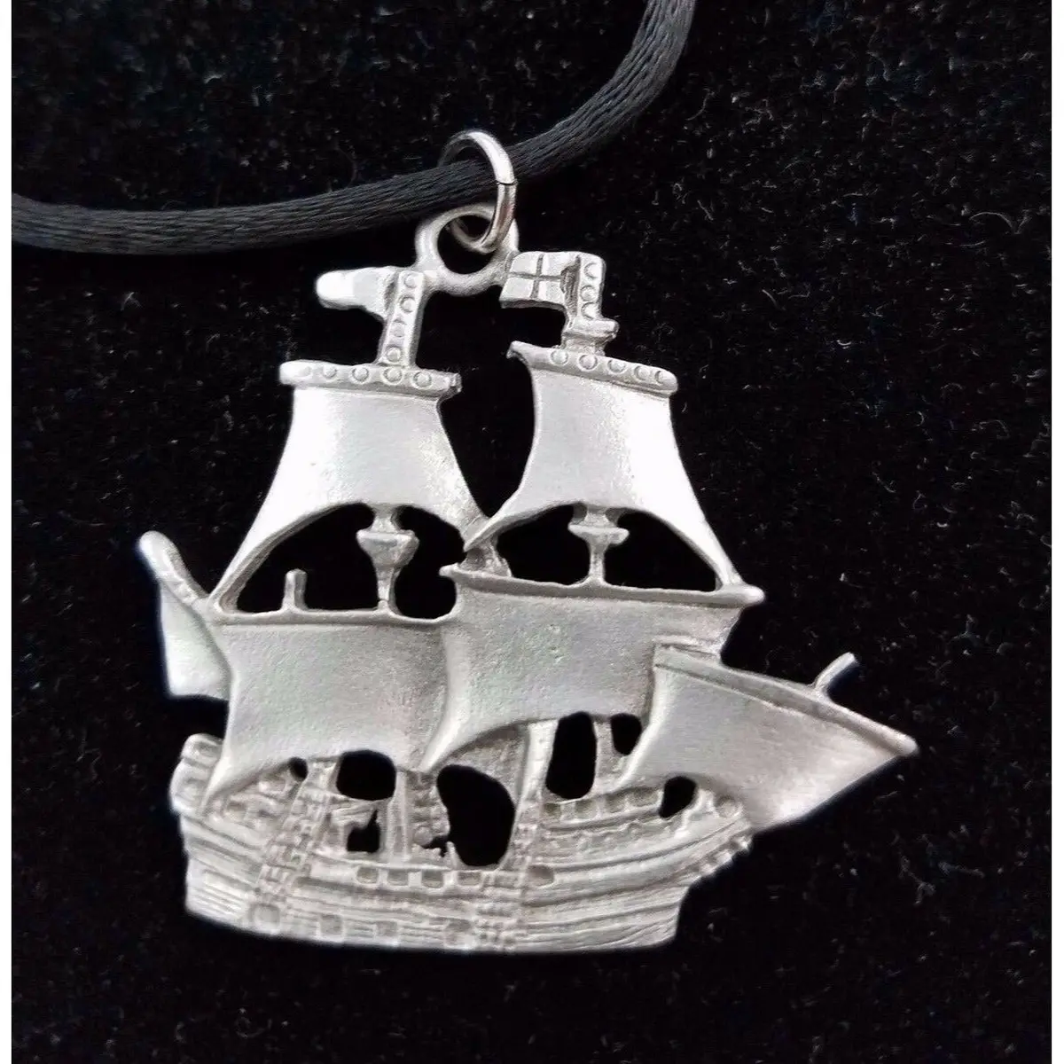 Tall Ship Pirate Pewter Silver Black Silk Cord Rope Necklace Large Pendant Charm 1