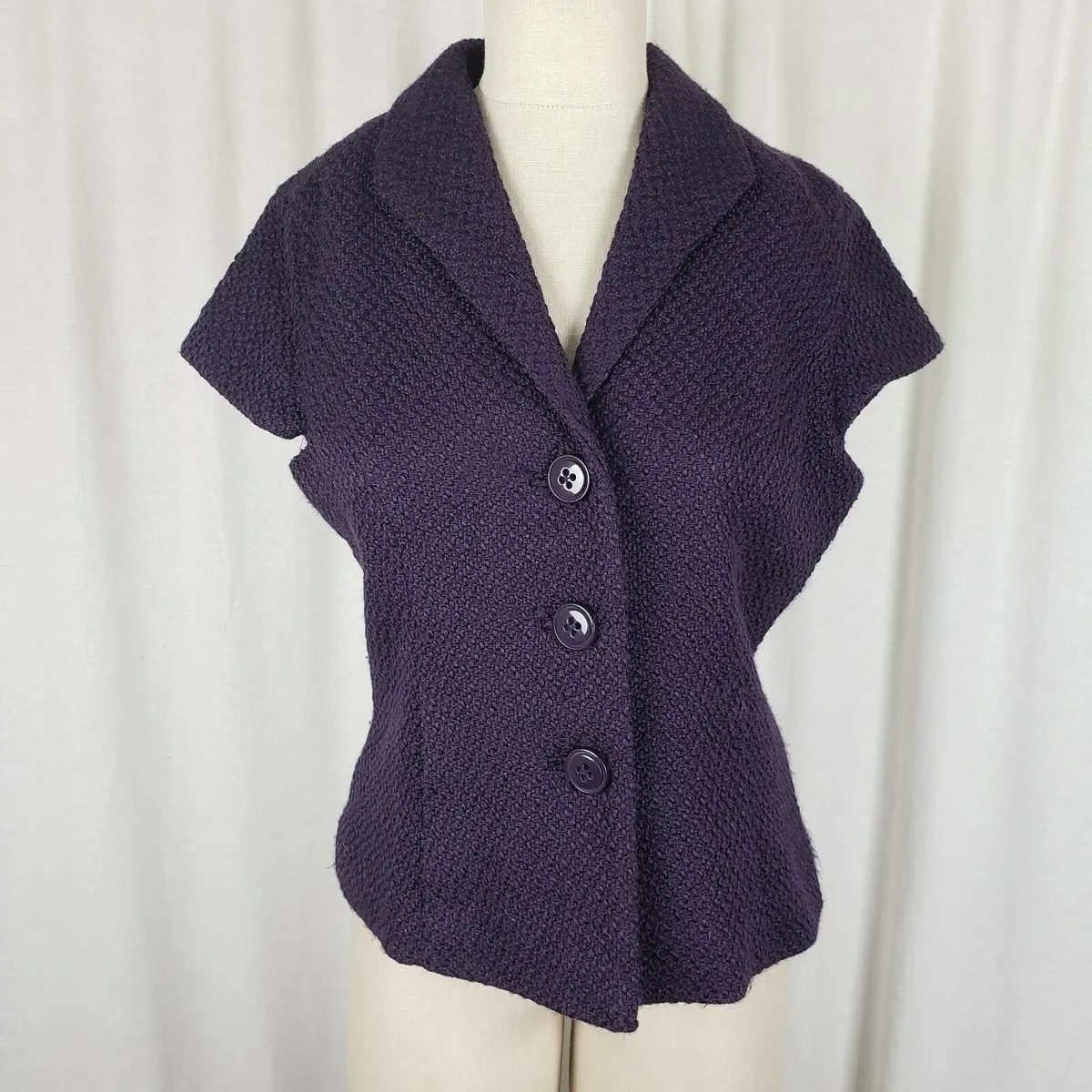 Coldwater Creek Wool Boucle Cap Short Sleeve Button Blazer Vest Plum Womens 10 1