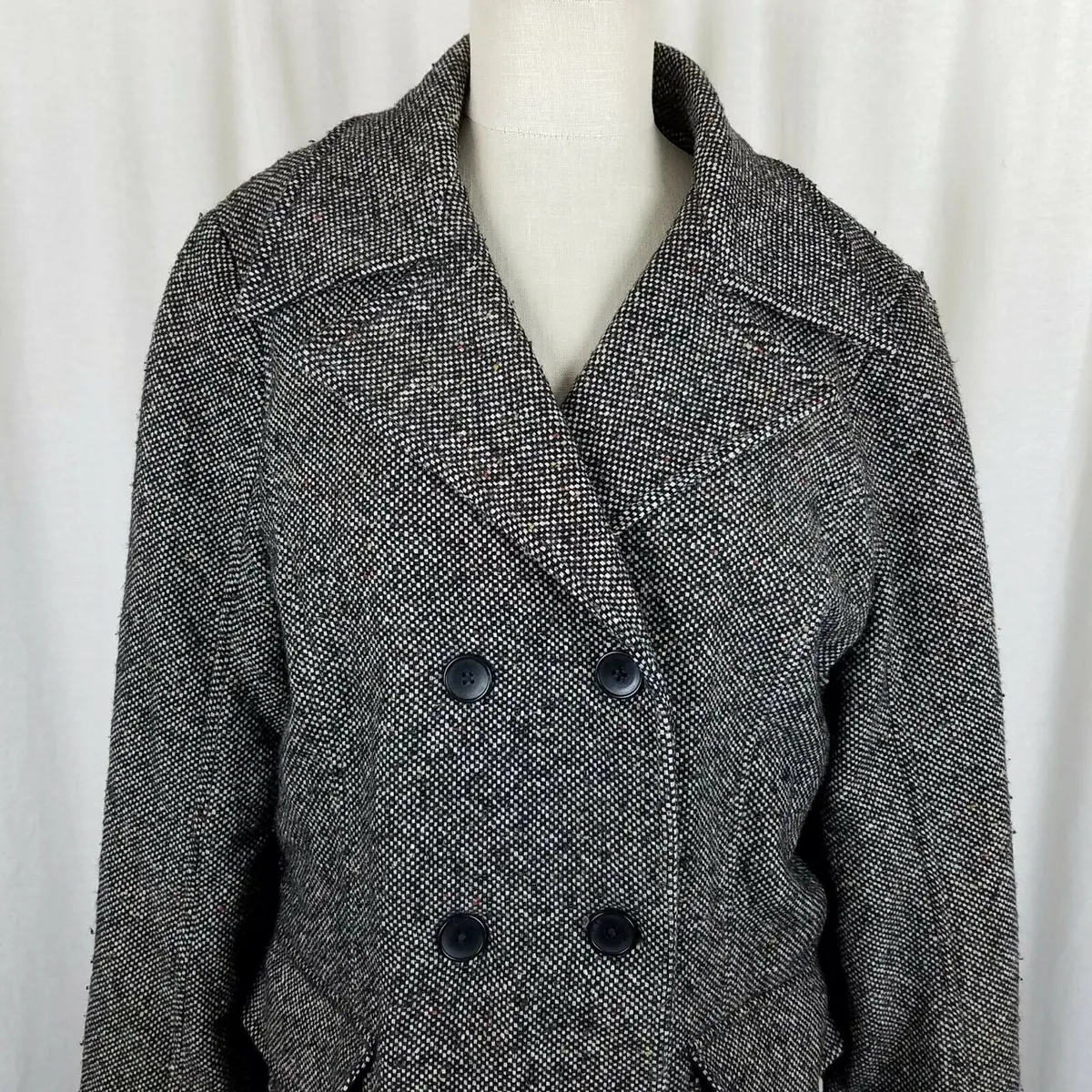Vintage Eddie Bauer Double Breasted Mottled Wool Tweed Peacoat Womens L Car Coat 2