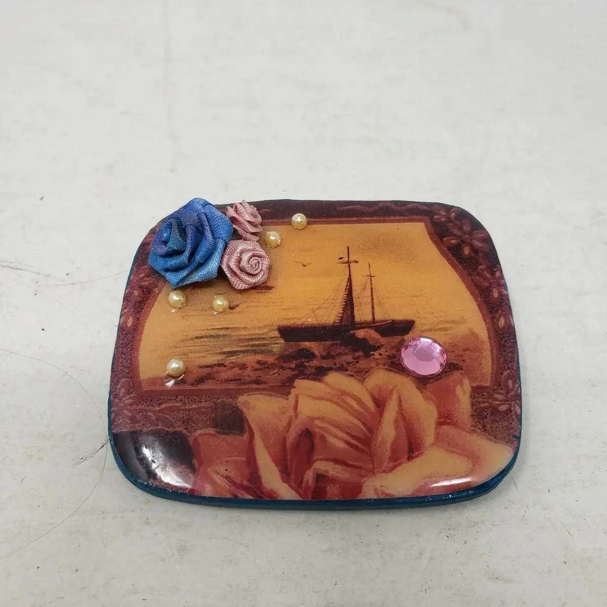 Kathleen Keith Vintage 90S Handcrafted Designer Artist Pin Brooch 3D Roses Ship 1