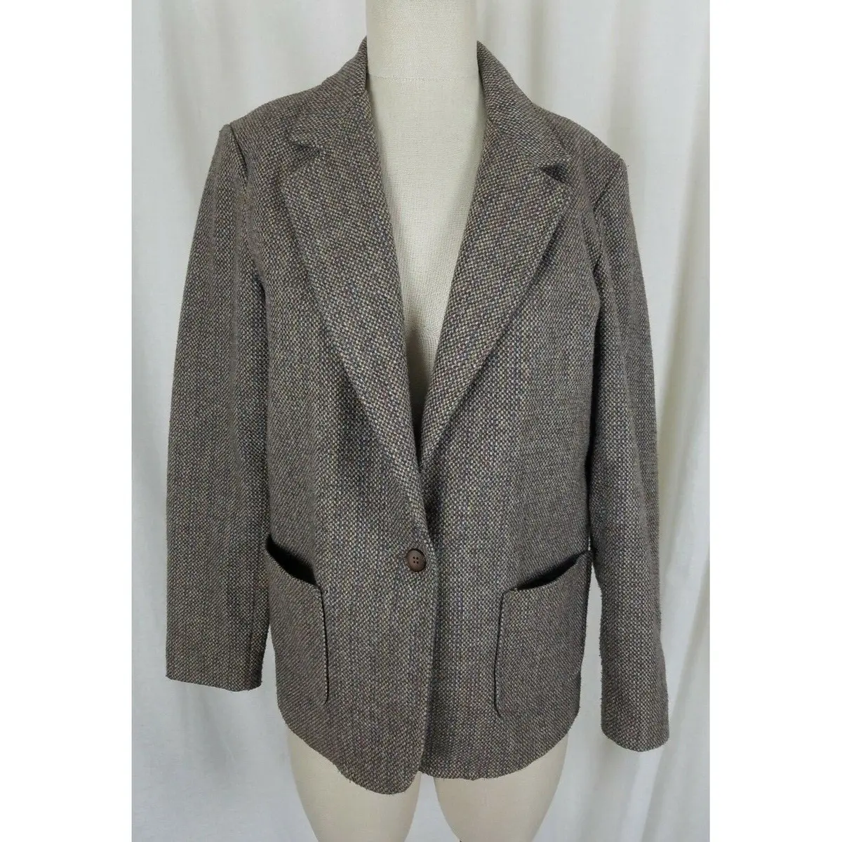 Vintage David Craig Wool Mottled Tweed Pinstriped Blazer Jacket Womens 12 Tan 1