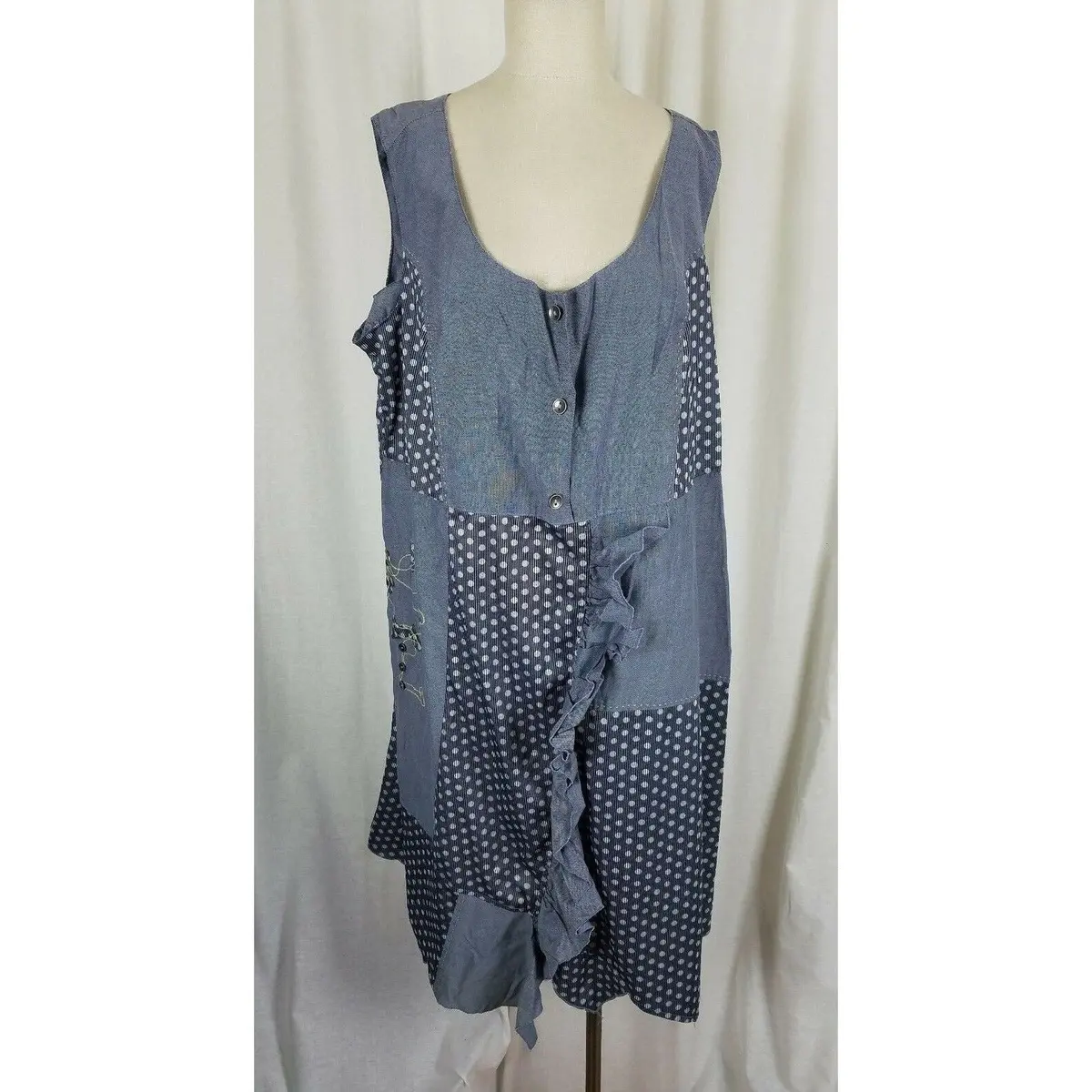 Taillissime Midi Patchwork Polka Dots Ruffled Chambray Dress Womens 22W Blue 1
