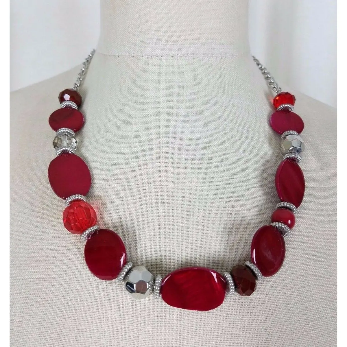 Red Ruby Colored Glass Beads Beaded Necklace Contemporary Statement Piece Bib 1