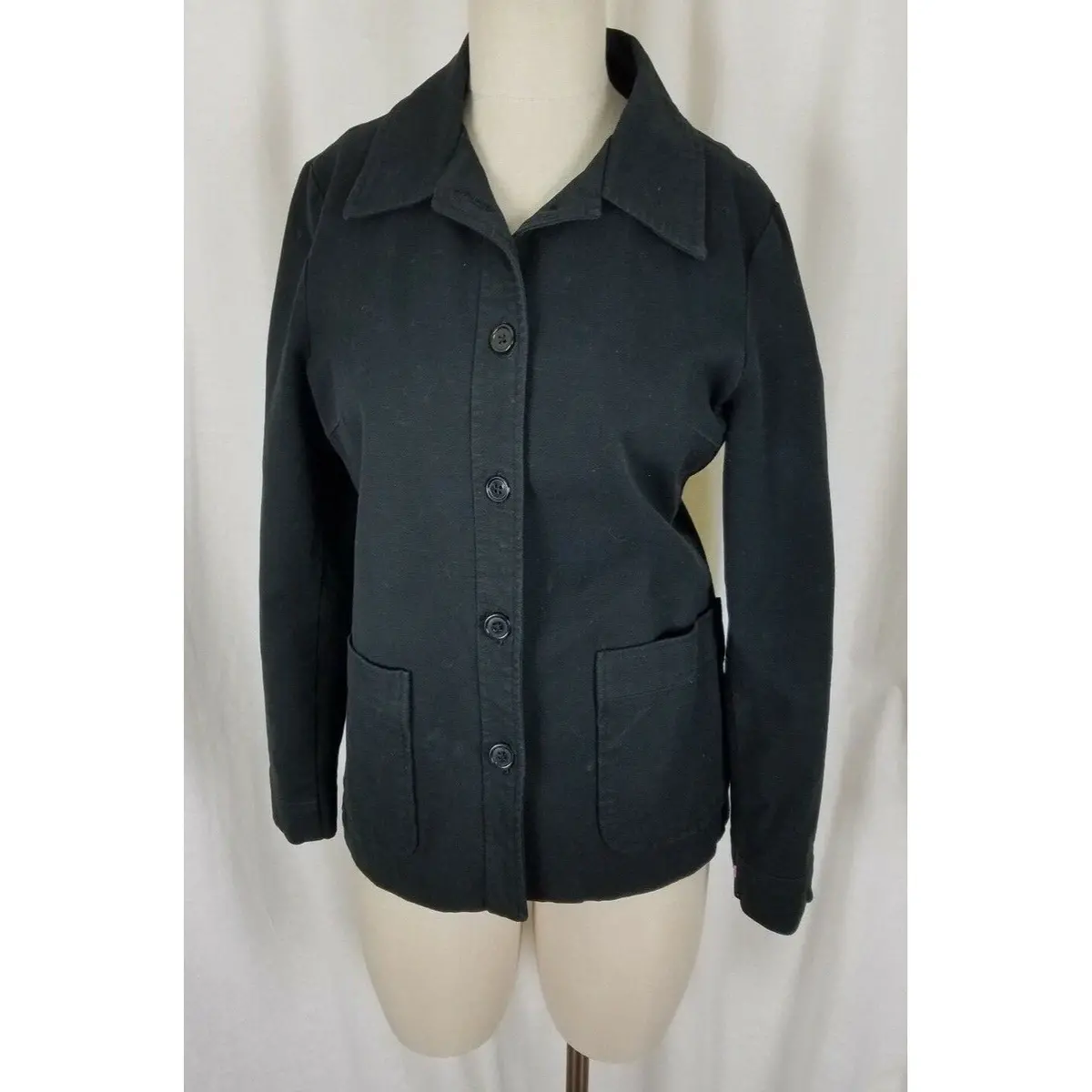 Gap Stretch Black Half Belted Back Full Button Up Jacket Womens 8 Apron Pockets 1