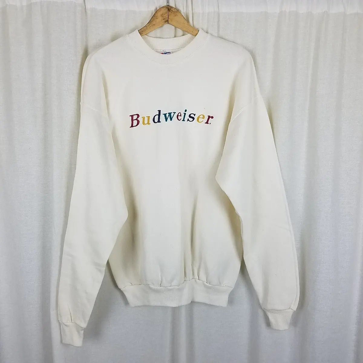 Vintage 90S Budweiser Sweatshirt Crewneck Mens Xl Embroidered Rainbow Beer Hanes 1