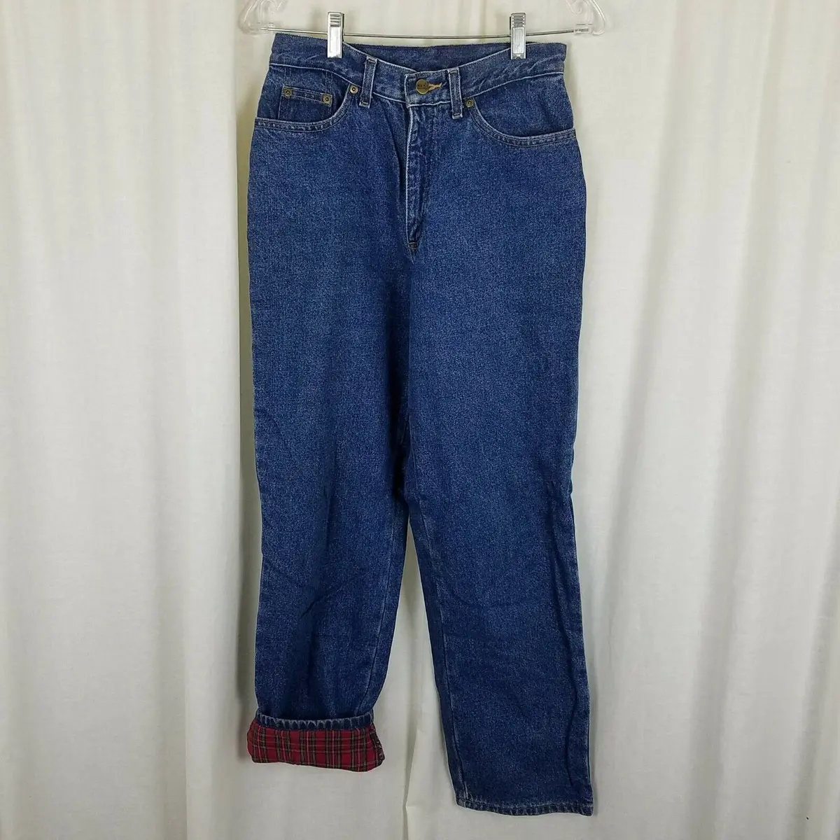 Ll Bean Red Plaid Flannel Lined Denim Blue Jeans Pants Womens 6R Insulated 1